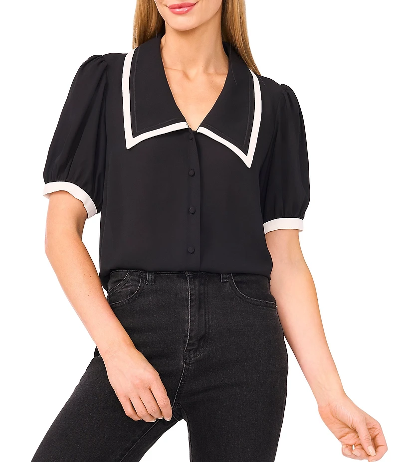 CeCe Knit Point Collar Short Puff Sleeve Contrast Trim Top