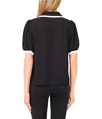 CeCe Knit Point Collar Short Puff Sleeve Contrast Trim Top