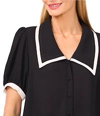 CeCe Knit Point Collar Short Puff Sleeve Contrast Trim Top