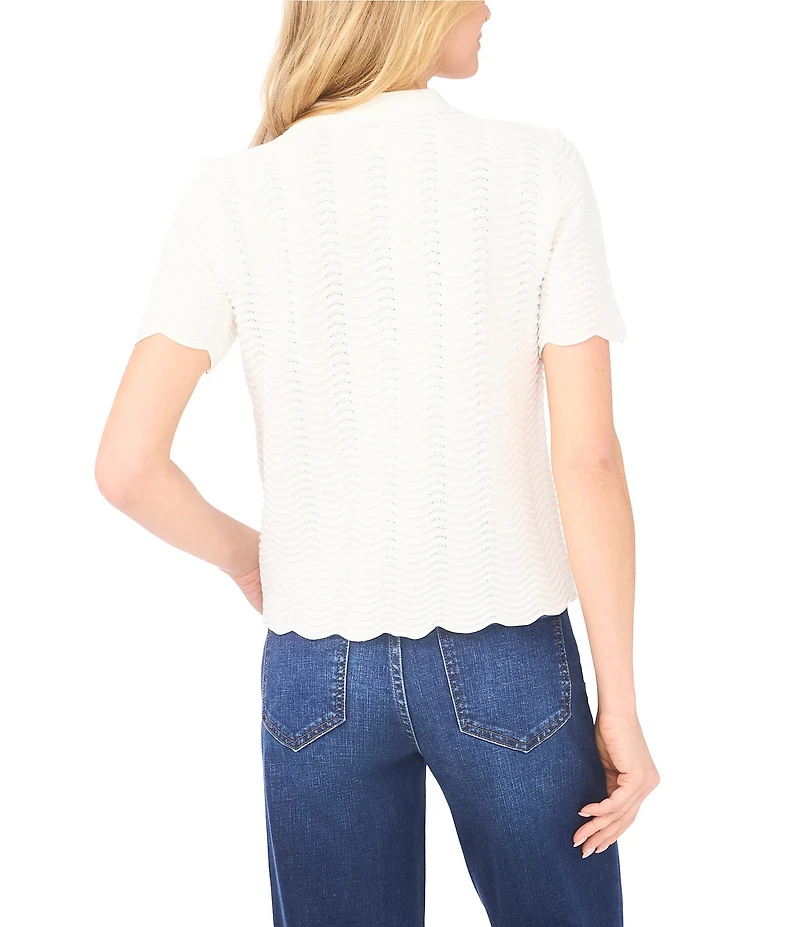 CeCe Knit Point Collar Short Sleeve Scalloped Embellished Button Polo Top