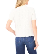 CeCe Knit Point Collar Short Sleeve Scalloped Embellished Button Polo Top