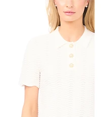 CeCe Knit Point Collar Short Sleeve Scalloped Embellished Button Polo Top