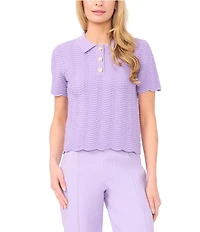 CeCe Knit Point Collar Short Sleeve Scalloped Embellished Button Polo Top