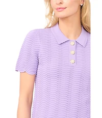 CeCe Knit Point Collar Short Sleeve Scalloped Embellished Button Polo Top