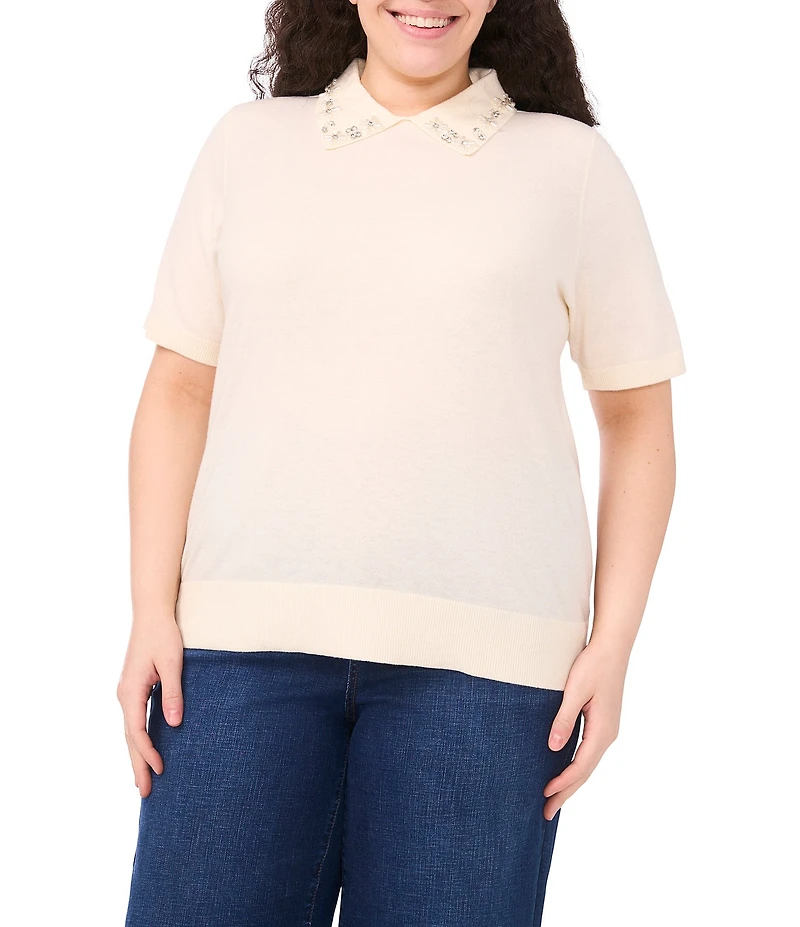 CeCe Knit Point Floral Embellished Collar Short Sleeve Sweater