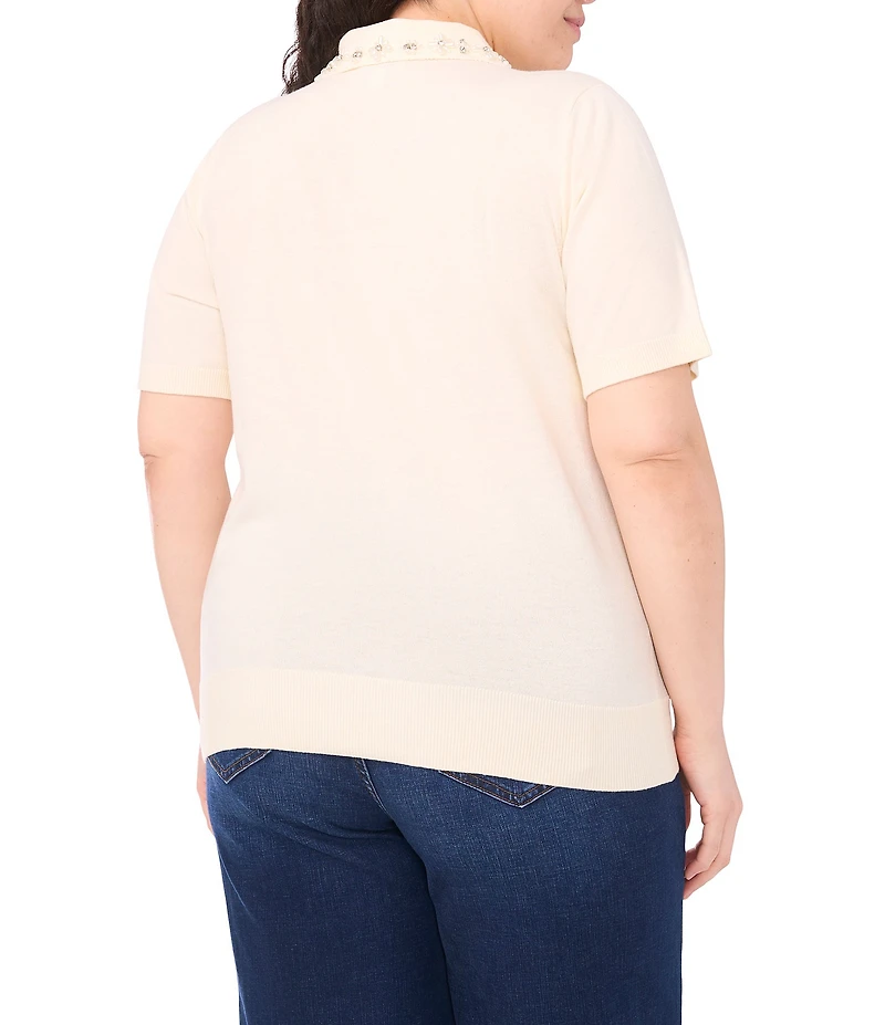 CeCe Knit Point Floral Embellished Collar Short Sleeve Sweater