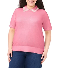 CeCe Knit Point Floral Embellished Collar Short Sleeve Sweater