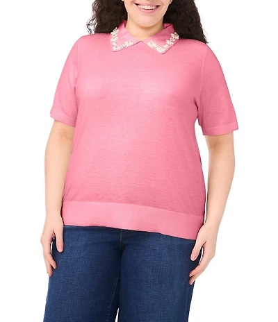 CeCe Plus Size Knit Point Floral Embellished Collar Short Sleeve Sweater