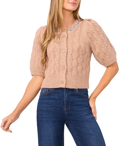 CeCe Knit Rhinestone Round Neck Short Puff Sleeve Cardigan
