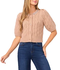CeCe Knit Rhinestone Round Neck Short Puff Sleeve Cardigan