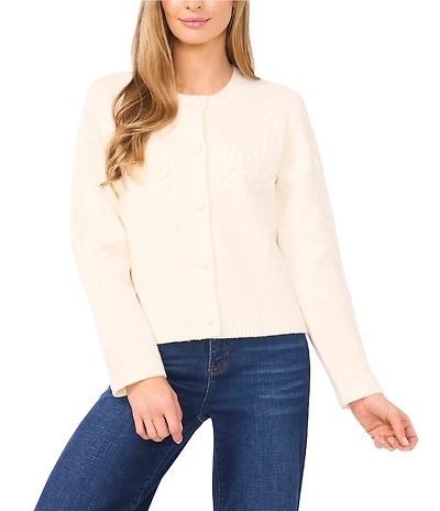 CeCe Knit Round Neck Long Sleeve Floral Cardigan