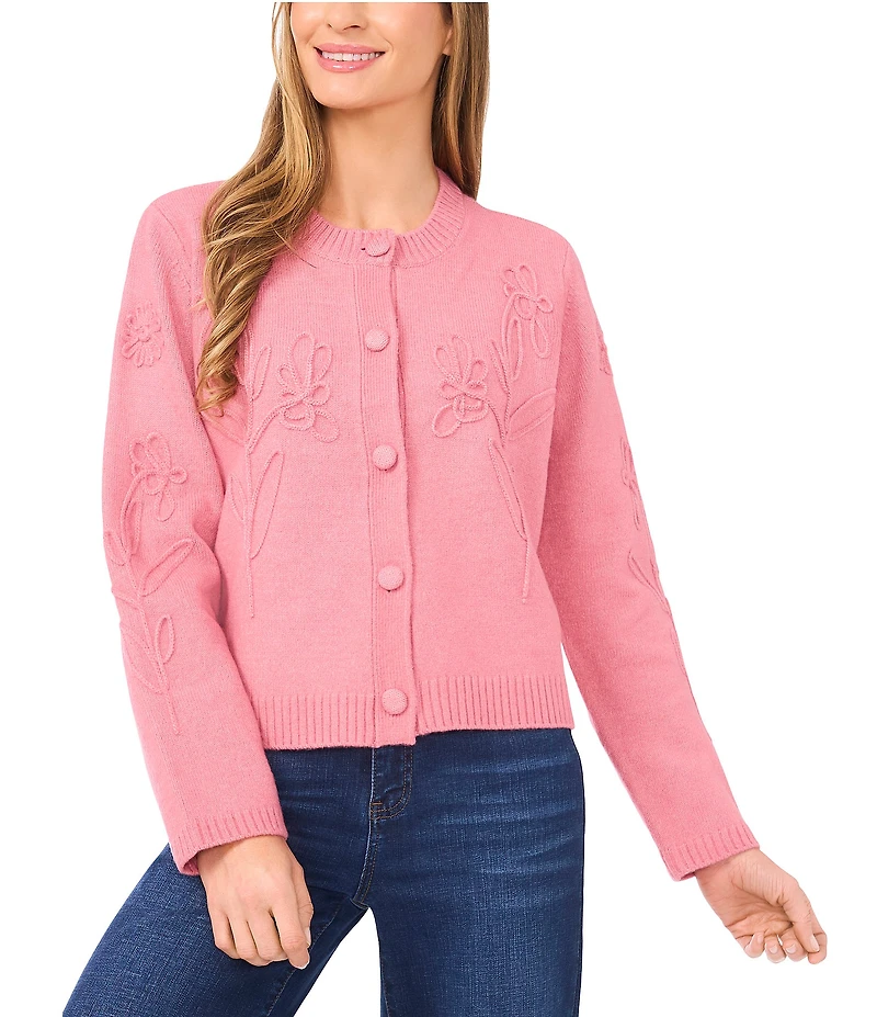 CeCe Knit Round Neck Long Sleeve Floral Cardigan