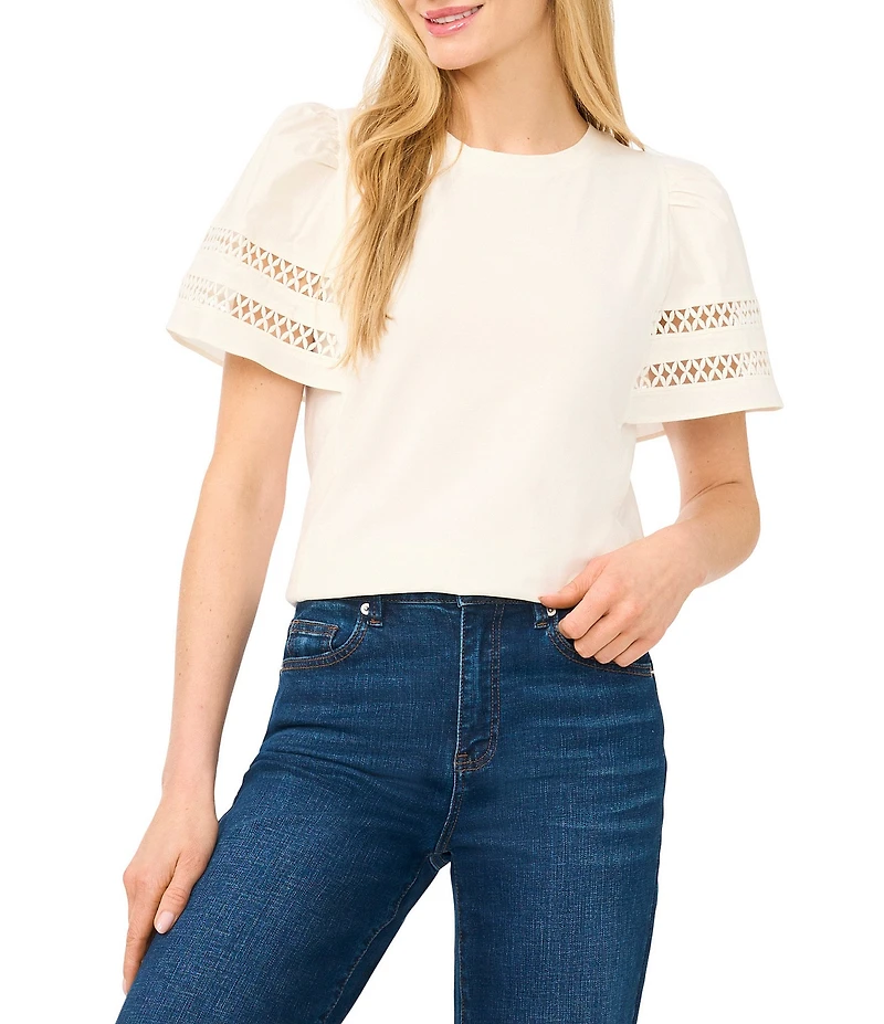 CeCe Knit Round Neck Short Sleeve Blouse