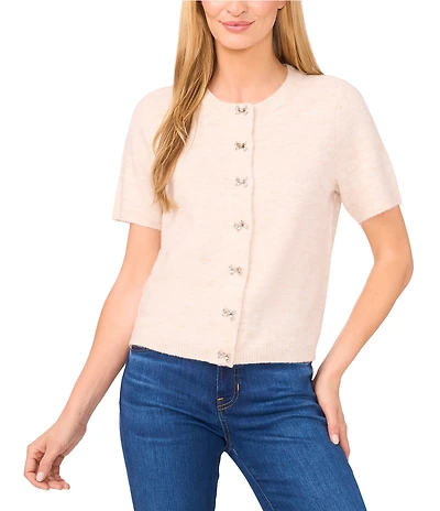 CeCe Knit Round Neck Short Sleeve Bow Top