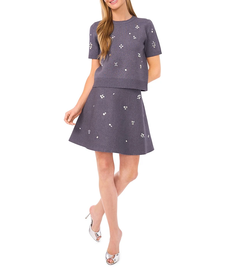 CeCe Knit Round Neck Short Sleeve Embellished Coordinating Sweater