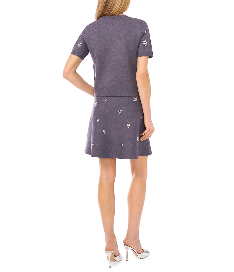 CeCe Knit Round Neck Short Sleeve Embellished Coordinating Sweater