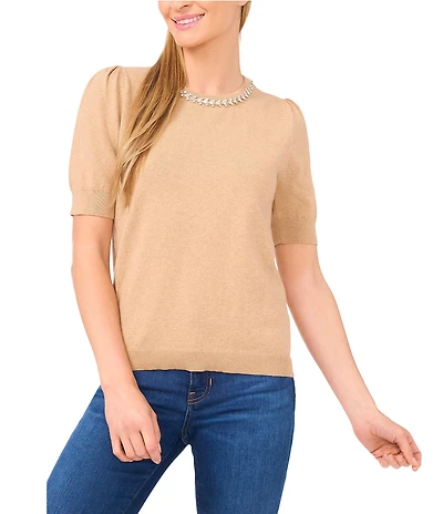 CeCe Knit Round Neck Short Sleeve Embellished Top