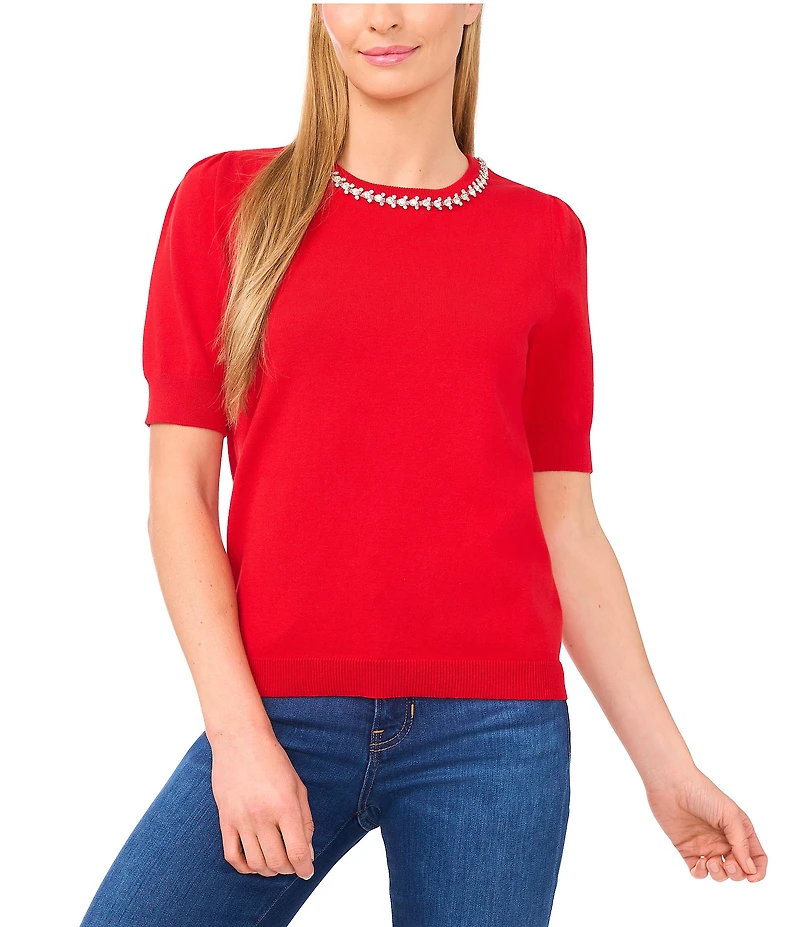 CeCe Knit Round Neck Short Sleeve Embellished Top
