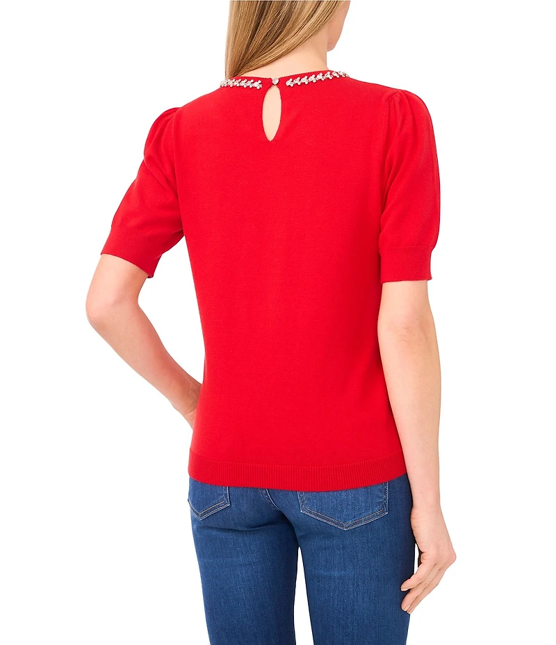 CeCe Knit Round Neck Short Sleeve Embellished Top