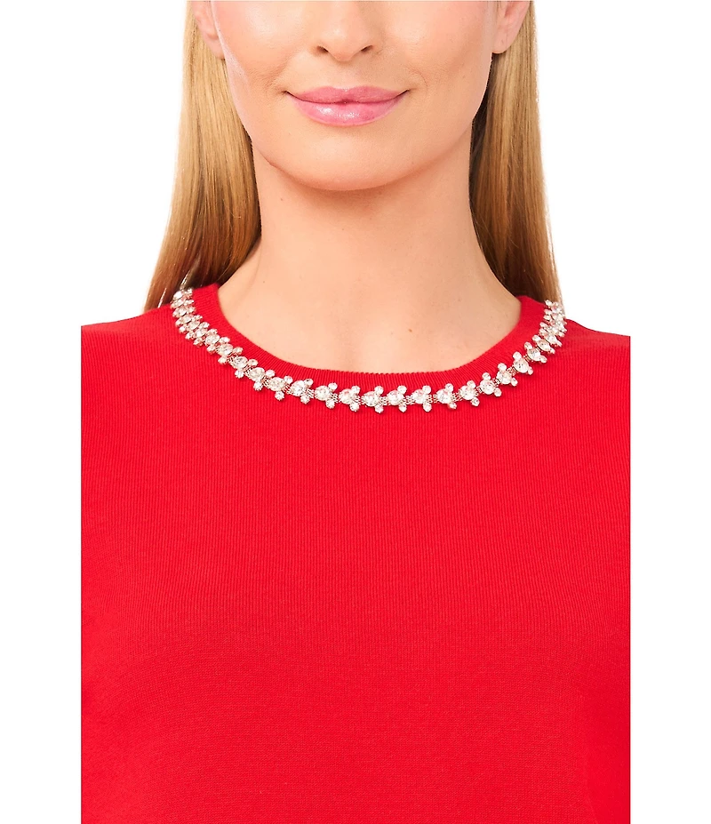 CeCe Knit Round Neck Short Sleeve Embellished Top