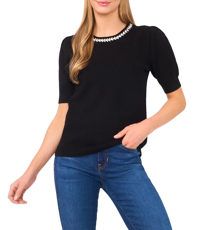 CeCe Knit Round Neck Short Sleeve Embellished Top