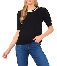 CeCe Knit Round Neck Short Sleeve Embellished Top