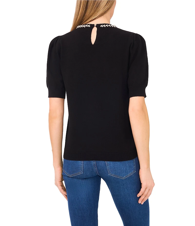 CeCe Knit Round Neck Short Sleeve Embellished Top