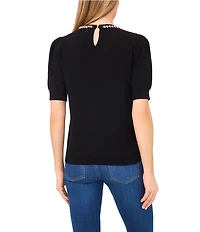 CeCe Knit Round Neck Short Sleeve Embellished Top