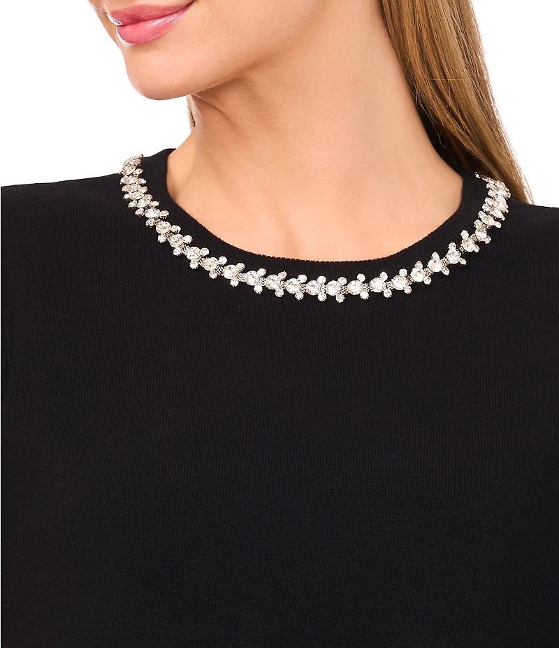 CeCe Knit Round Neck Short Sleeve Embellished Top