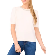 CeCe Knit Round Neck Short Sleeve Embellished Top