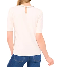 CeCe Knit Round Neck Short Sleeve Embellished Top