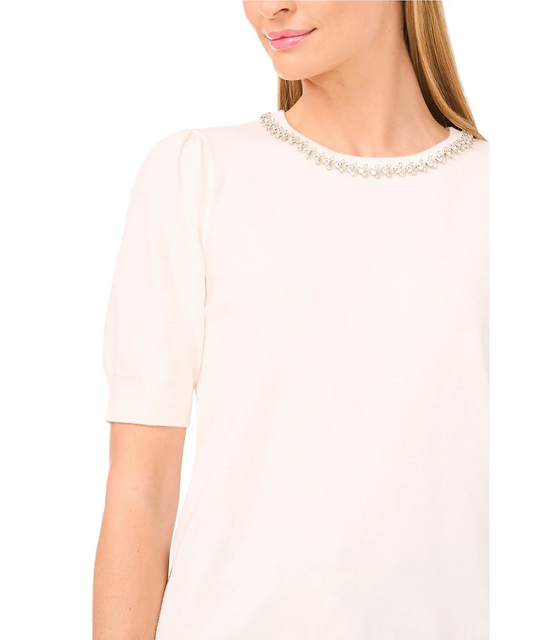 CeCe Knit Round Neck Short Sleeve Embellished Top