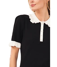 CeCe Knit Ruffle Collar Short Sleeve Partial Button Front Blouse