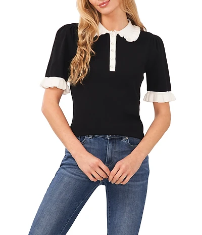 CeCe Knit Ruffle Collar Short Sleeve Partial Button Front Blouse