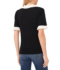 CeCe Knit Ruffle Collar Short Sleeve Partial Button Front Blouse
