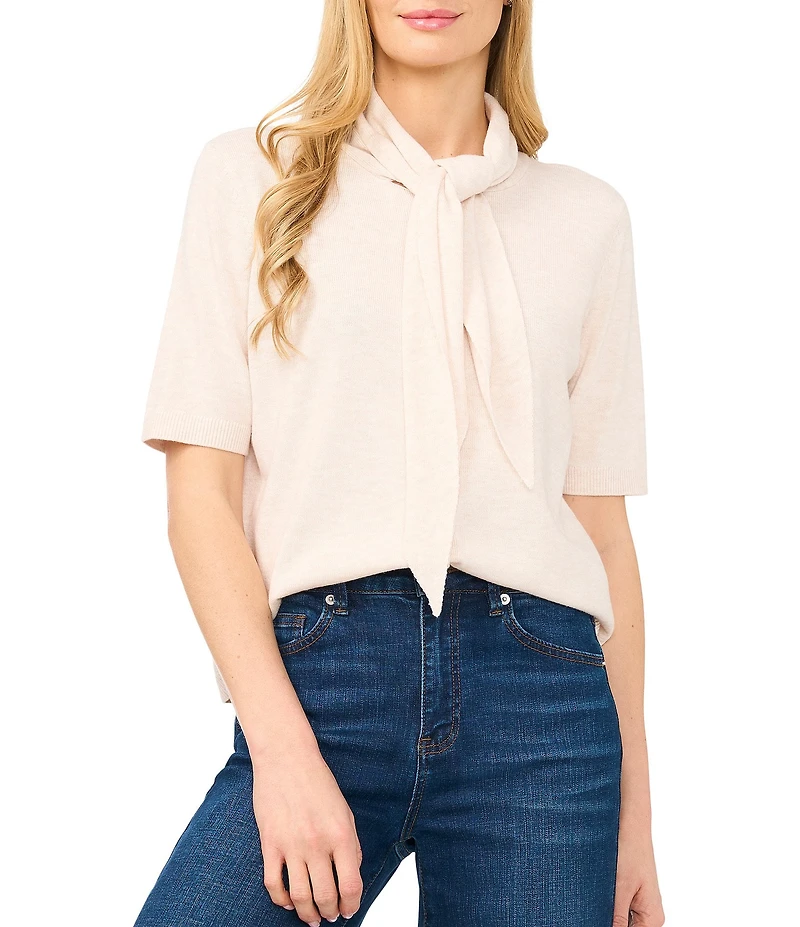 CeCe Knit Tie Neck Short Sleeve Cardigan