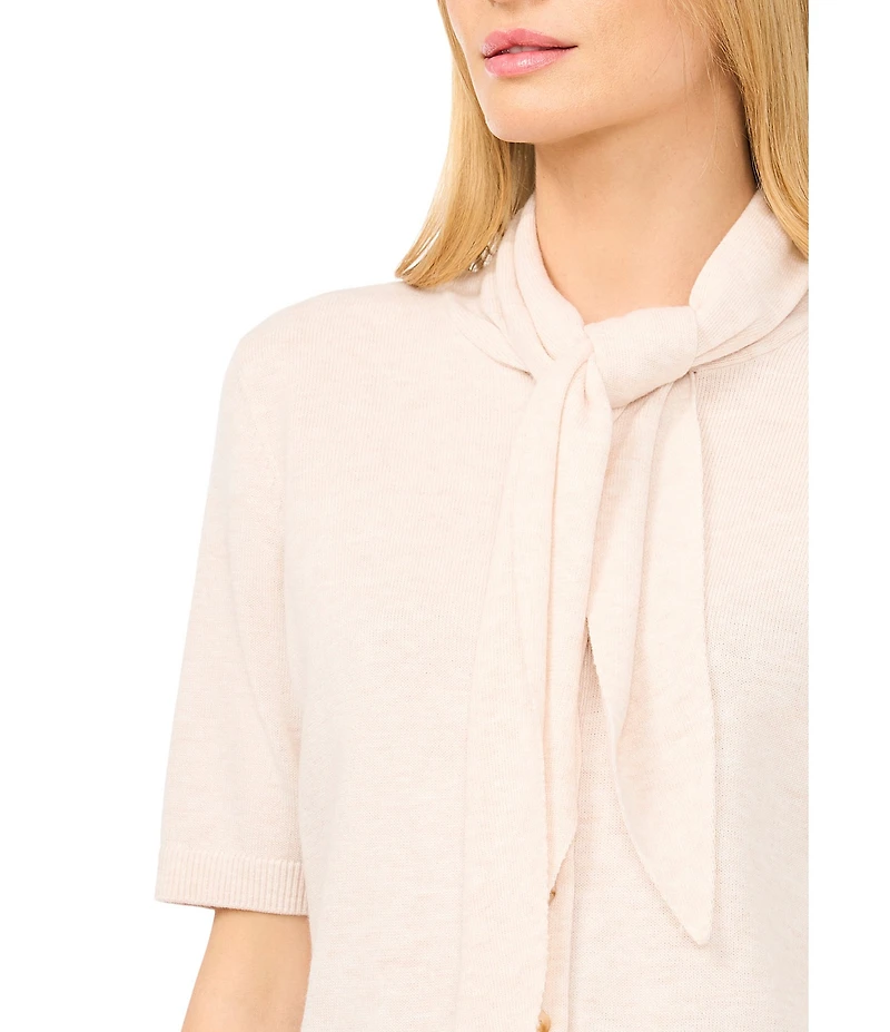 CeCe Knit Tie Neck Short Sleeve Cardigan