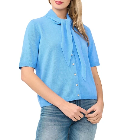 CeCe Knit Tie Neck Short Sleeve Cardigan