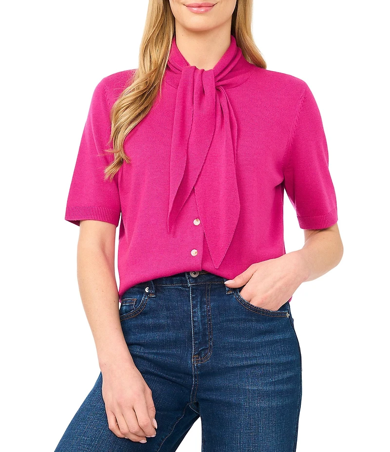 CeCe Knit Tie Neck Short Sleeve Cardigan