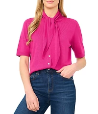 CeCe Knit Tie Neck Short Sleeve Cardigan