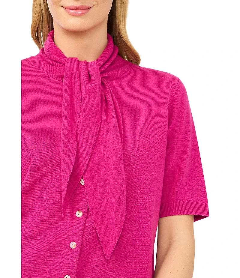 CeCe Knit Tie Neck Short Sleeve Cardigan