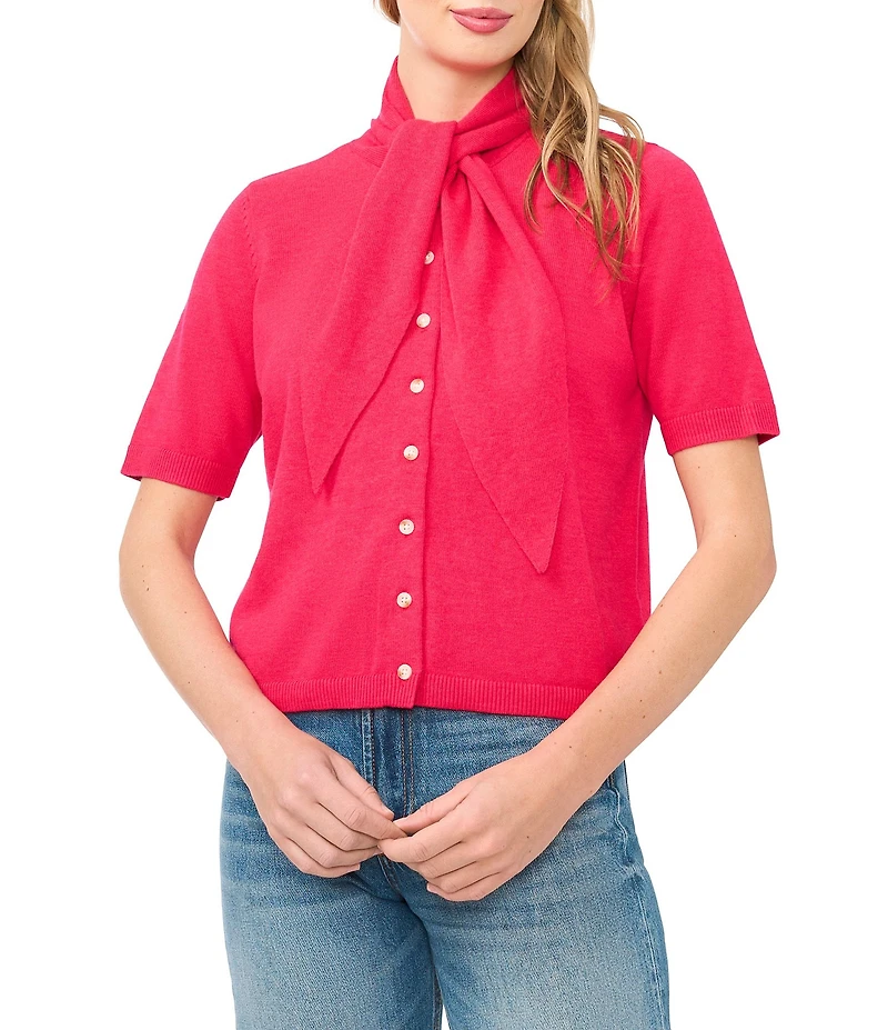 CeCe Knit Tie Neck Short Sleeve Cardigan