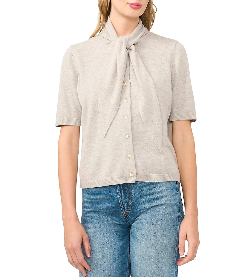 CeCe Knit Tie Neck Short Sleeve Cardigan