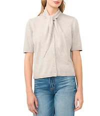 CeCe Knit Tie Neck Short Sleeve Cardigan