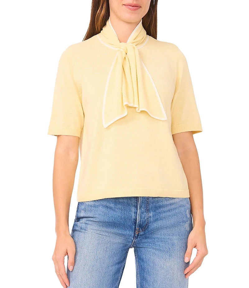 Cece Knit Tie Neck Short Sleeve Sweater
