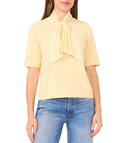 CeCe Knit Tie Neck Short Sleeve Sweater