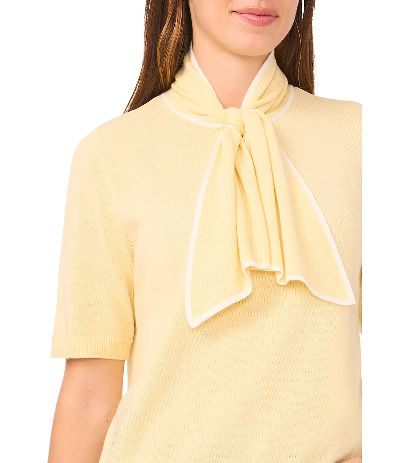 Cece Knit Tie Neck Short Sleeve Sweater