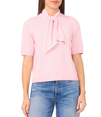 Cece Knit Tie Neck Short Sleeve Sweater