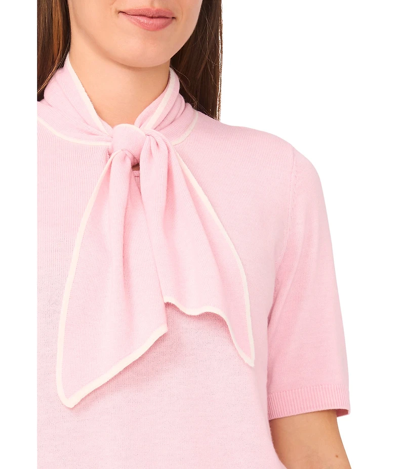Cece Knit Tie Neck Short Sleeve Sweater