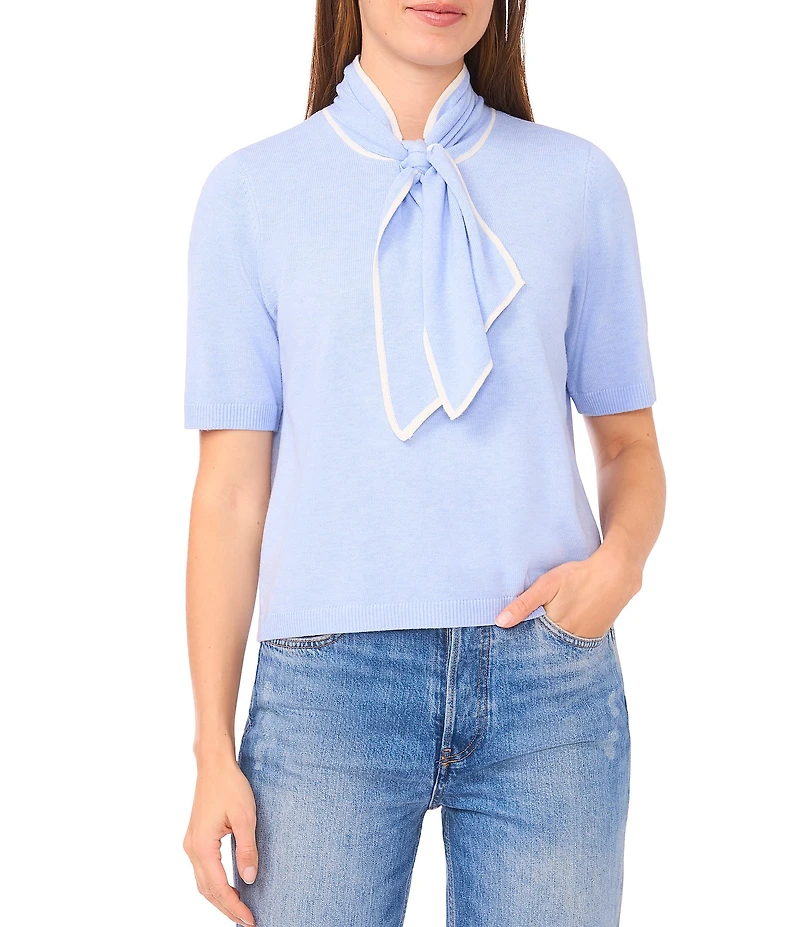 Cece Knit Tie Neck Short Sleeve Sweater